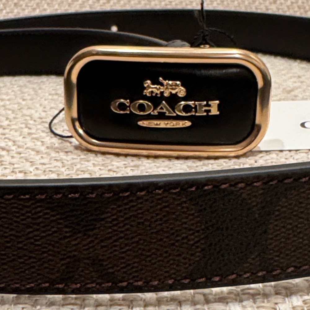 Coach Black and Brown Leather Belt with Gold Buckle